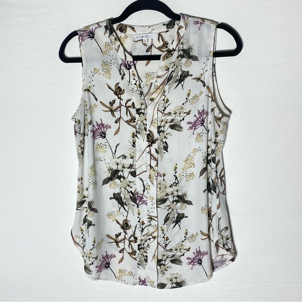 5/$25 Cleo Cream Purple Green Sleeveless Floral Blouse S